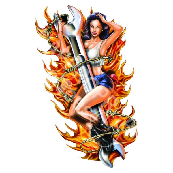 Flaming Wrench Pinup pin up Girl Vinyl Sticker, Cars Trucks Vans Walls Laptop Laptop Helmets