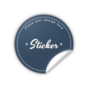 Dark blue "Sticker" design with "Place your design here" text and a curled corner, featuring the Custom Sticker.