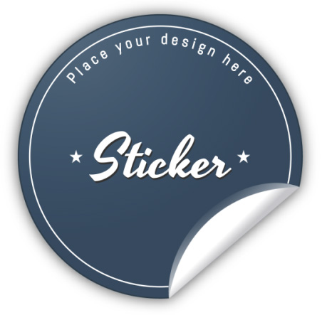 Round blue sticker template with "Place your design here" text, "Sticker" in the center, and a slight curl at the bottom edge.